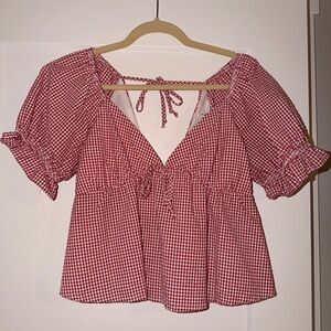 Mi Ami Red Gingham Puff Sleeve Babydoll Top | Cottagecore Blouse | Size M